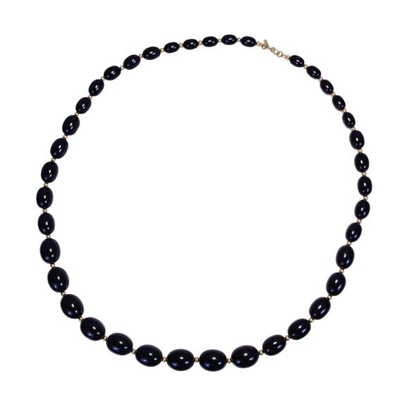 Vintage Jewelry - Signed Monet Black Graduated Oval Bead Necklace, 1980s Vintage Retro Plastic